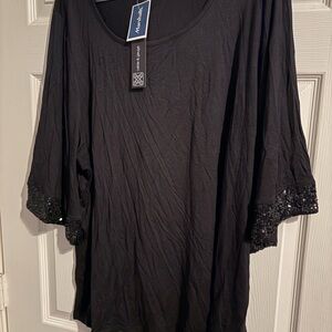 131 -Cable & Gauge Black Sequin Trim Elbow Sleeve Women's Top